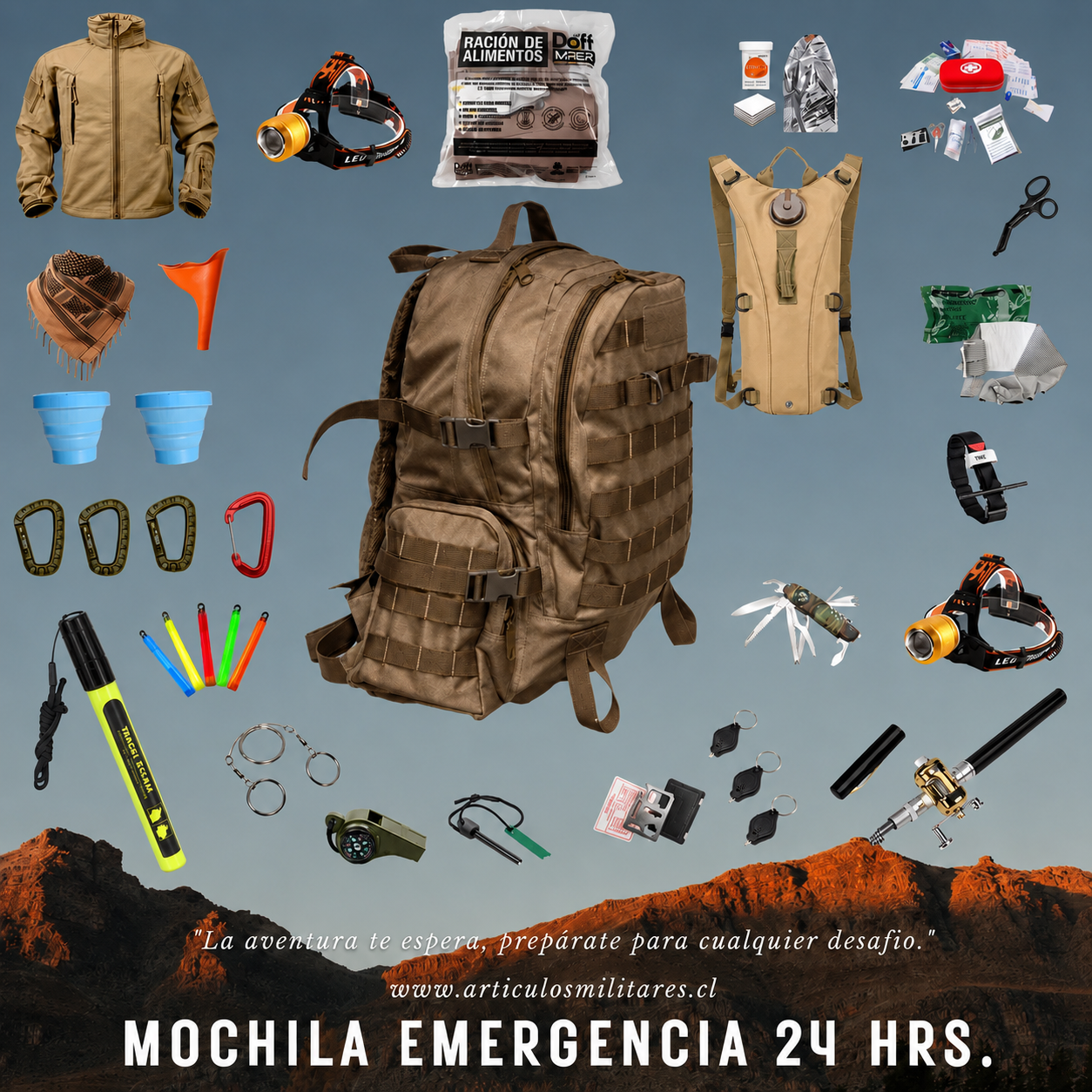 KIT DE EMERGENCIA 24 HORAS CON MOCHILA TÁCTICA MODELO 3 DÍAS DE 40 LITROS – FABRICACIÓN NACIONAL