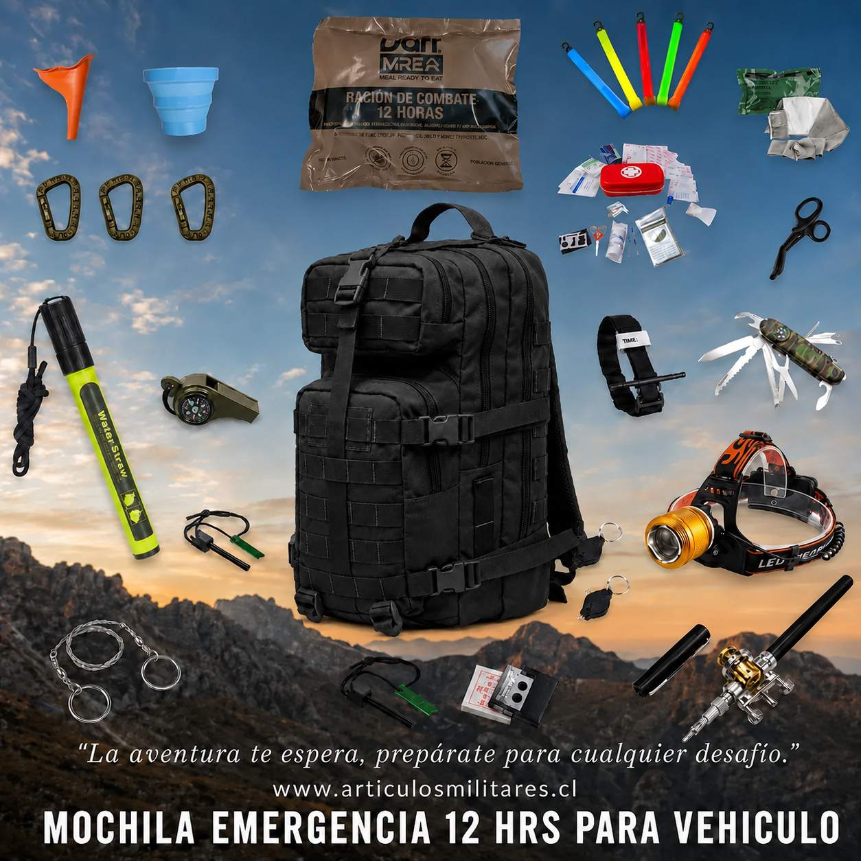 KIT DE EMERGENCIA VEHICULAR 12 HORAS – MOCHILA TÁCTICA NACIONAL DE 30 L