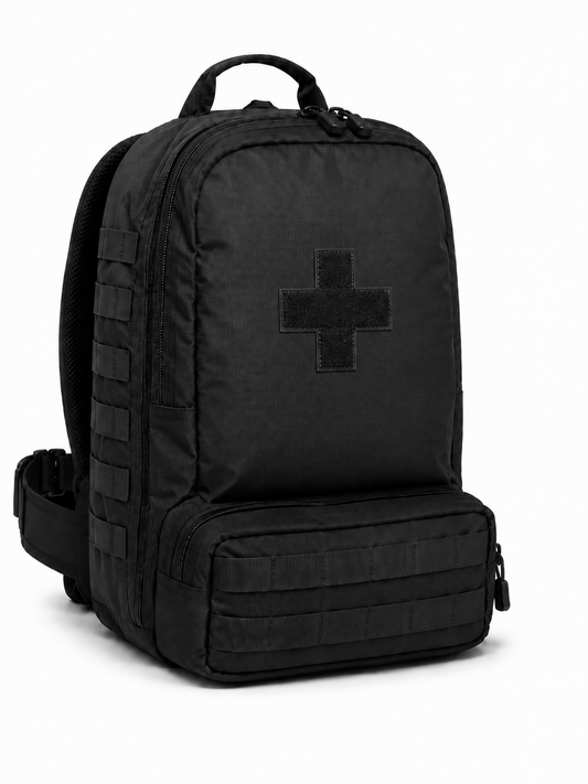 Mochila Táctica de Primeros Auxilios Modular Negra con Interior Aluminizado y Cruz Negra