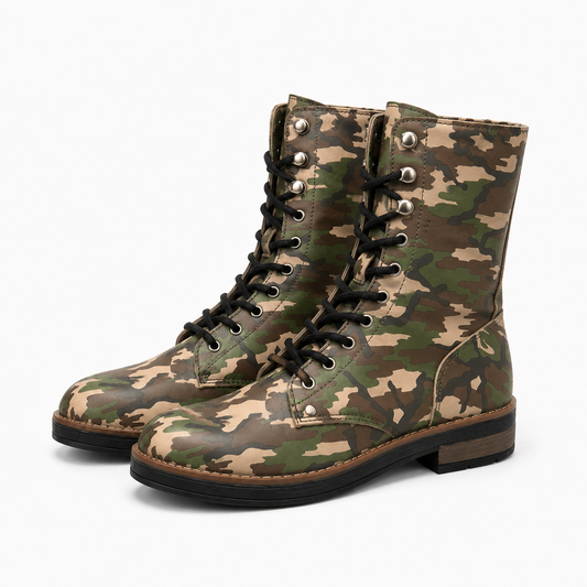 BOTAS DE MUJER, DE CUERO COLOR MIMETISMO, FABRICACIÓN NACIONAL