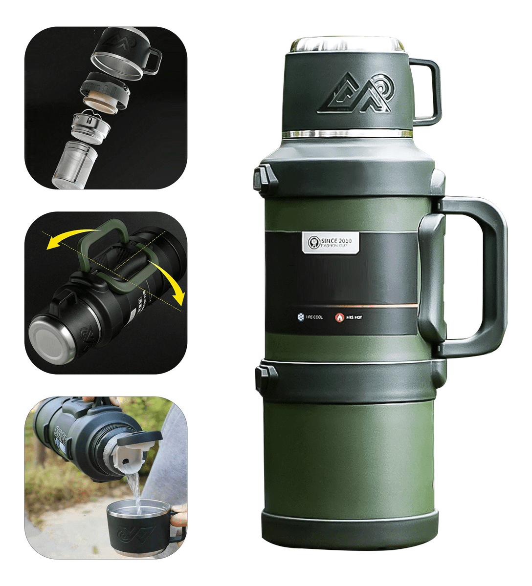 Termo acero inoxidable 2 litros verde militar con infusor, asa y tapa vaso
