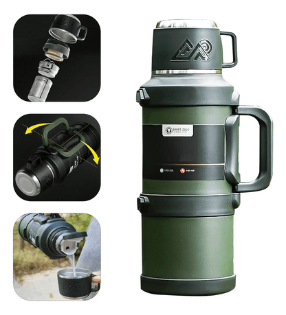Termo acero inoxidable 2 litros verde militar con infusor, asa y tapa vaso