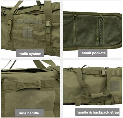 Detalles del sistema MOLLE, bolsillos, asas y correas del bolso táctico