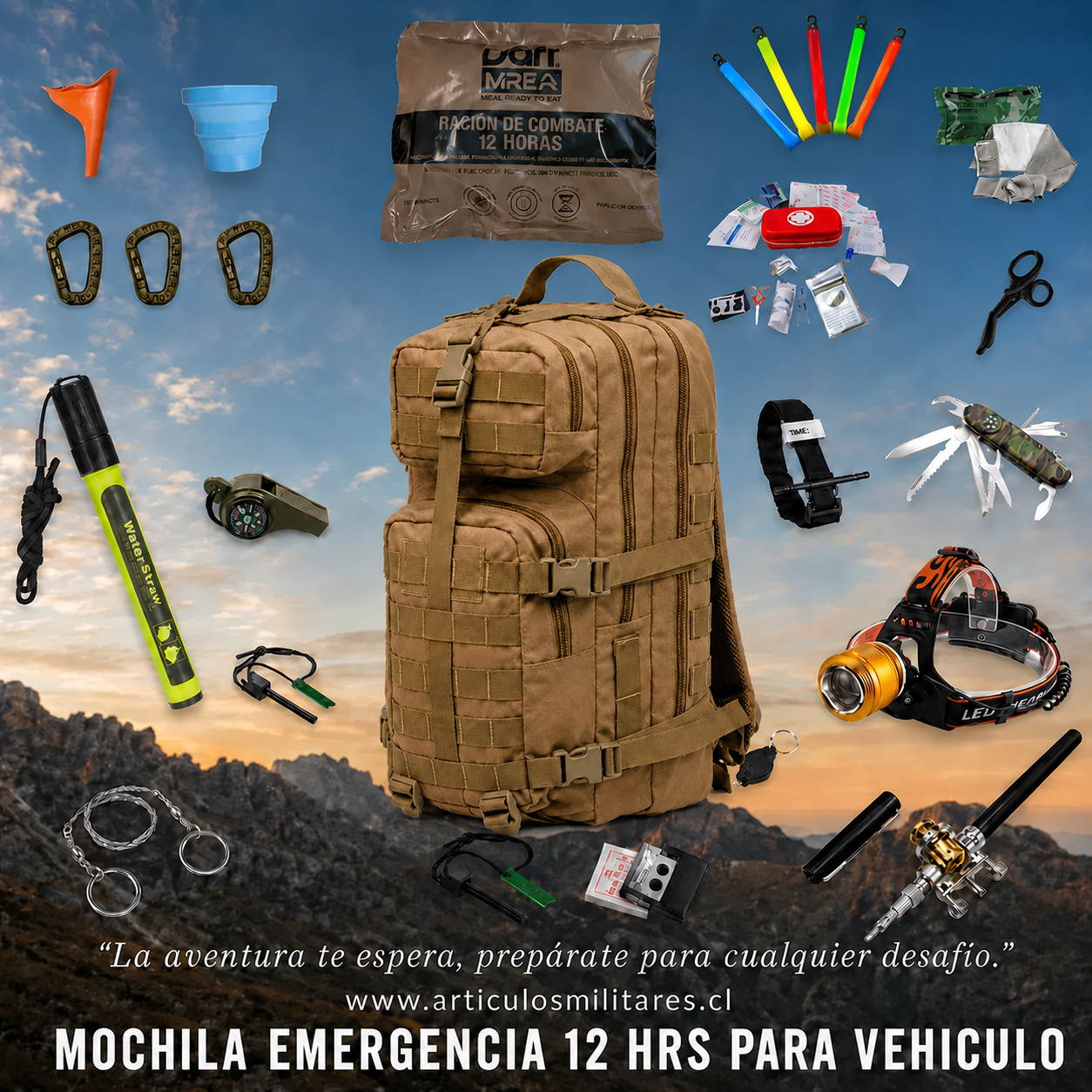 KIT DE EMERGENCIA VEHICULAR 12 HORAS – MOCHILA TÁCTICA NACIONAL DE 30 L