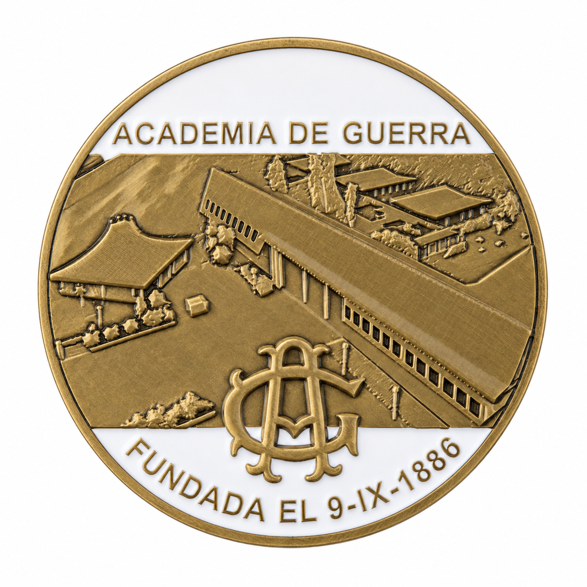Moneda Academia de Guerra del Ejército de Chile, reverso con edificio y fecha de fundación 9-IX-1886
