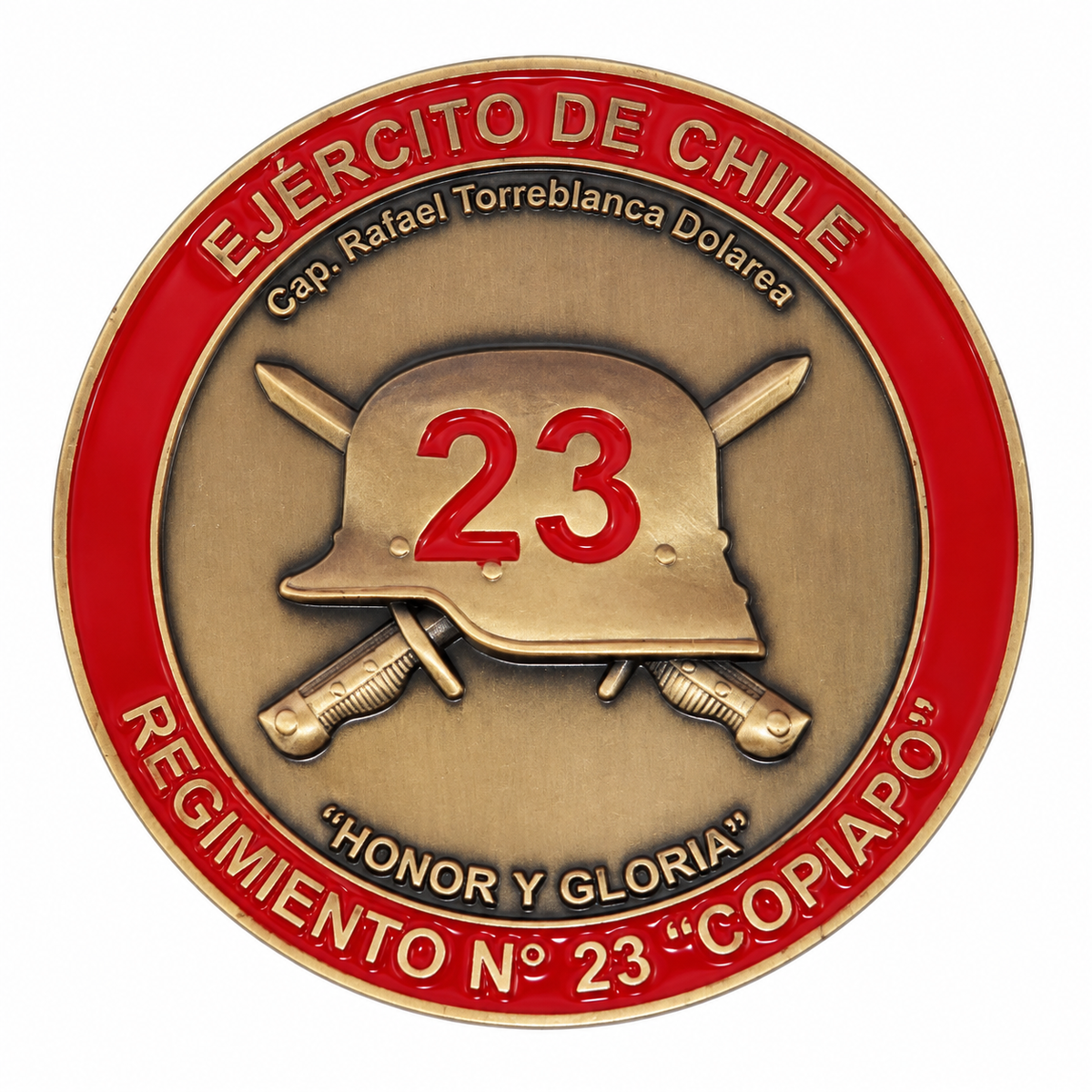 Moneda del Regimiento N° 23 Copiapó, anverso con casco, número 23 y borde rojo