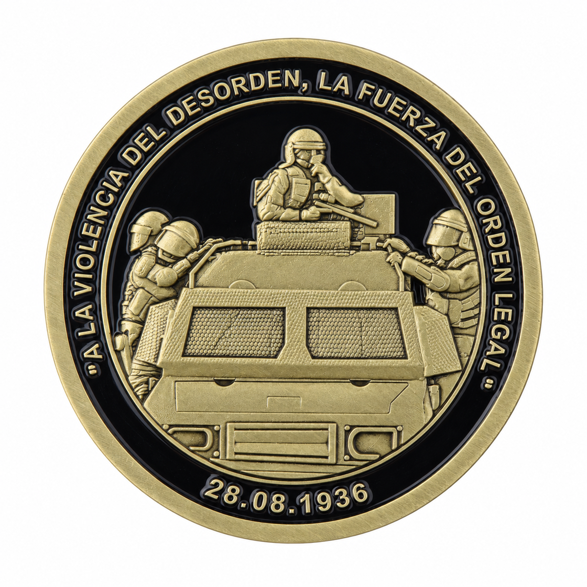 Moneda Fuerzas Especiales de Carabineros, anverso con vehículo y funcionarios, 28.08.1936