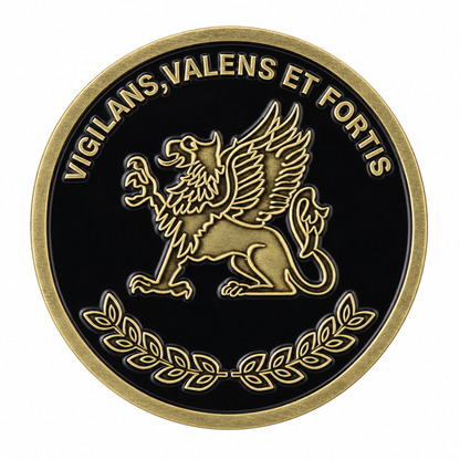 Moneda Fuerzas Especiales de Carabineros, reverso con grifo y lema Vigilans Valens et Fortis
