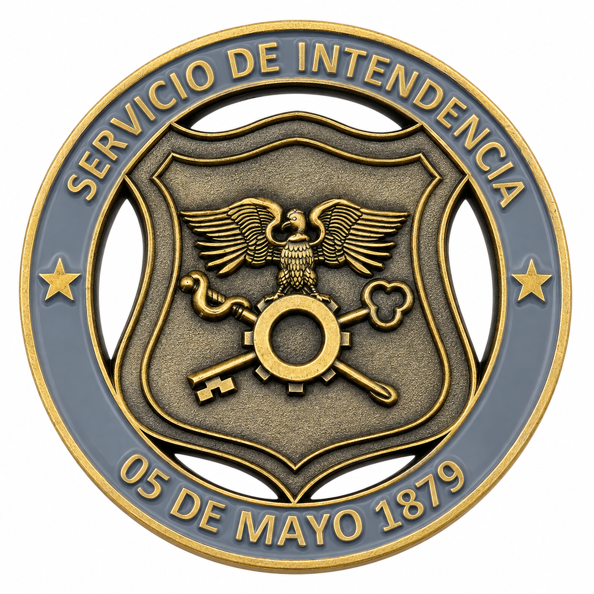 Moneda Servicio de Intendencia, cara gris con emblema y fecha 05 de mayo de 1879