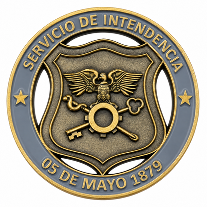 Moneda Servicio de Intendencia, cara gris con emblema y fecha 05 de mayo de 1879