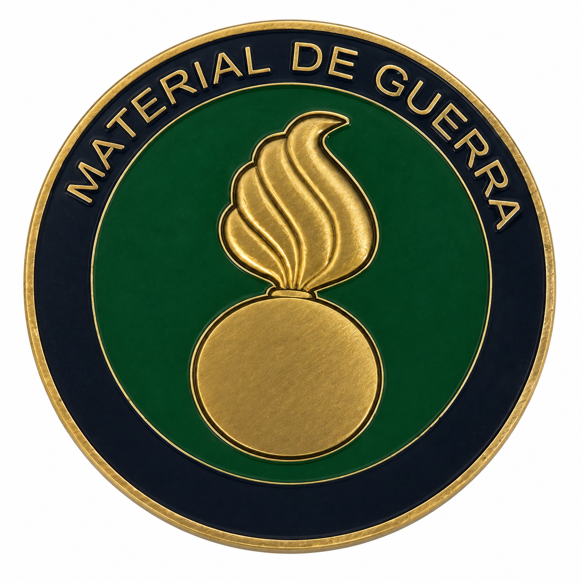 Moneda Material de Guerra, anverso verde con granada flamígera dorada