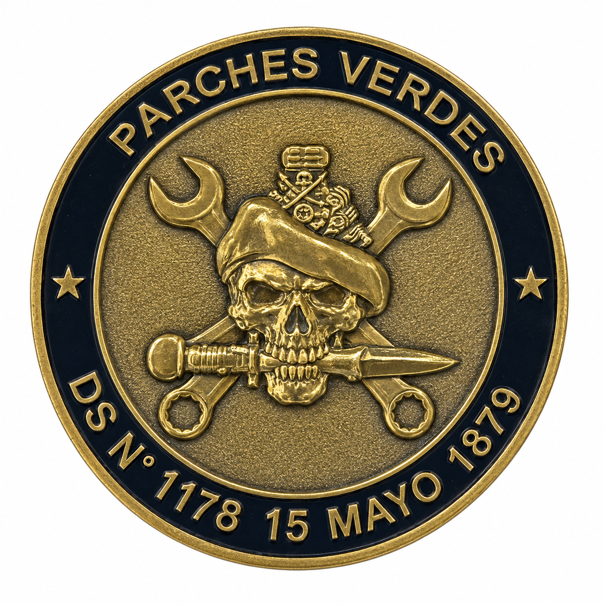 Moneda Material de Guerra, reverso Parches Verdes con calavera y llaves cruzadas
