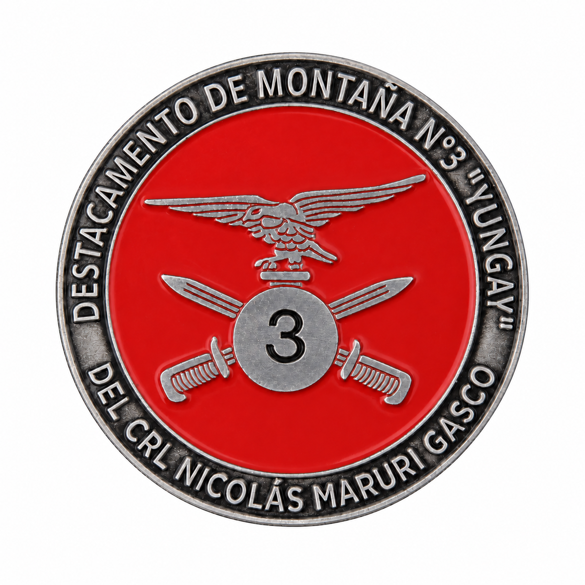 Moneda del Destacamento de Montaña N° 3 Yungay, cara roja con águila y espadas