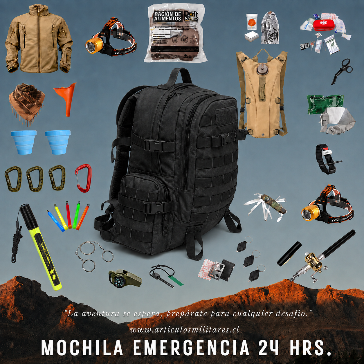 KIT DE EMERGENCIA 24 HORAS CON MOCHILA TÁCTICA MODELO 3 DÍAS DE 40 LITROS – FABRICACIÓN NACIONAL