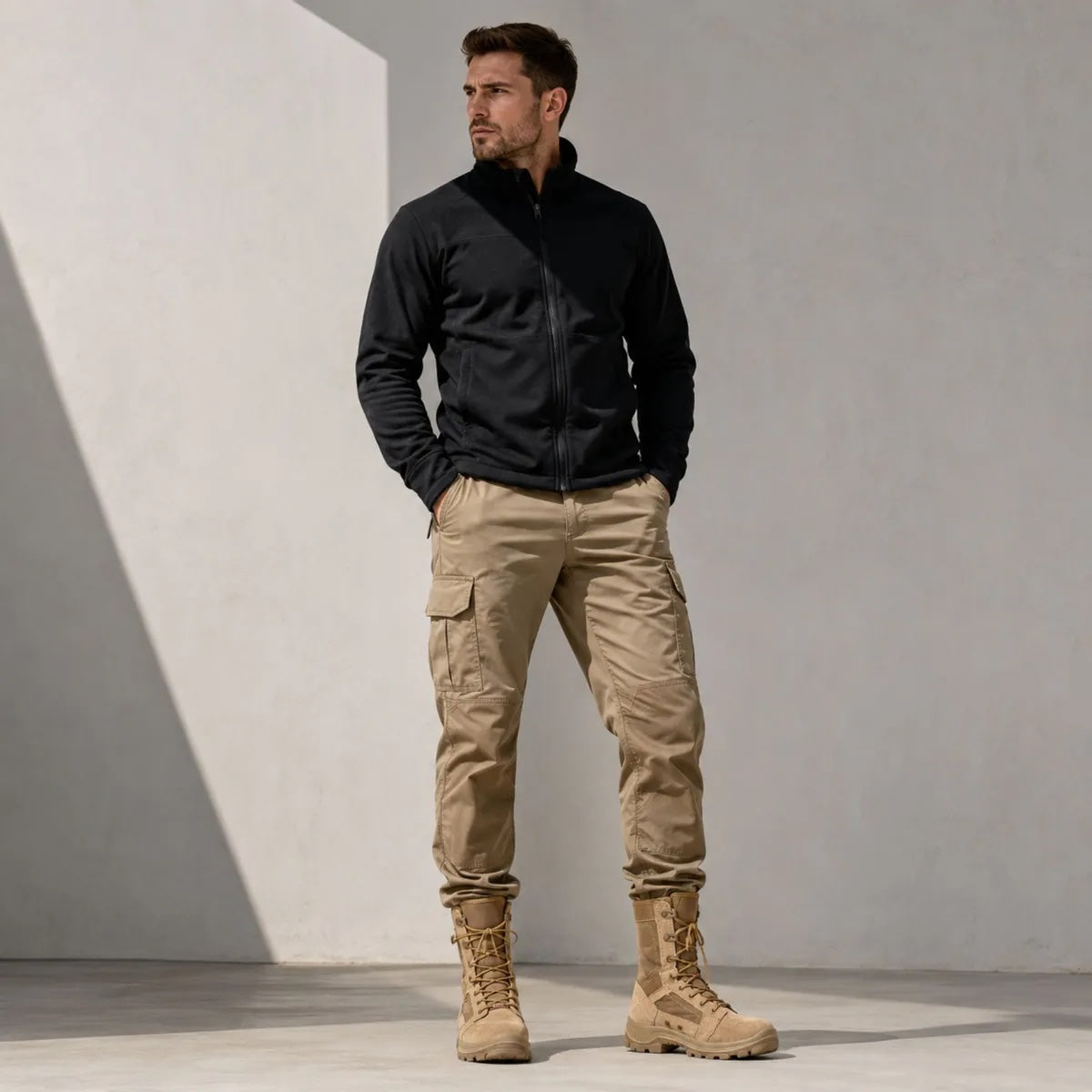 Botas Rock Rooster color coyote usadas con pantalón cargo
