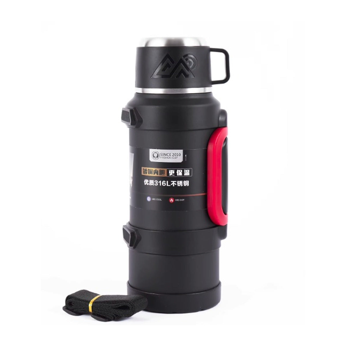 Termo acero inoxidable 2 litros negro con asa roja, tapa vaso y correa de transporte